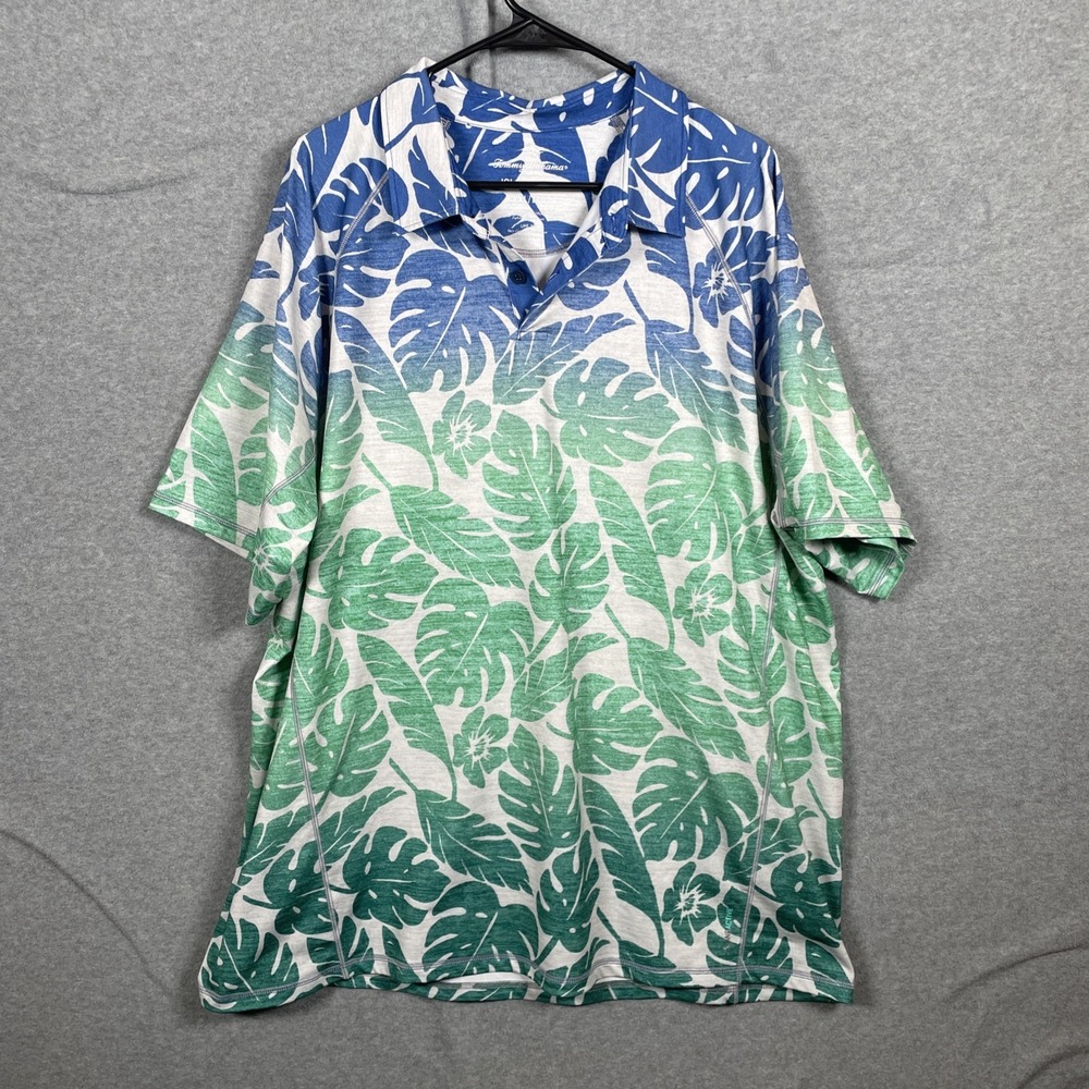 Tommy Bahama IslandZone Polo Mens XXL Blue Green Hawaiian Golf UPF 30 Floral